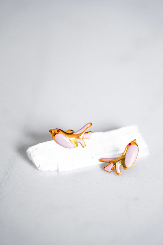 Pink Enamel Doves Earrings