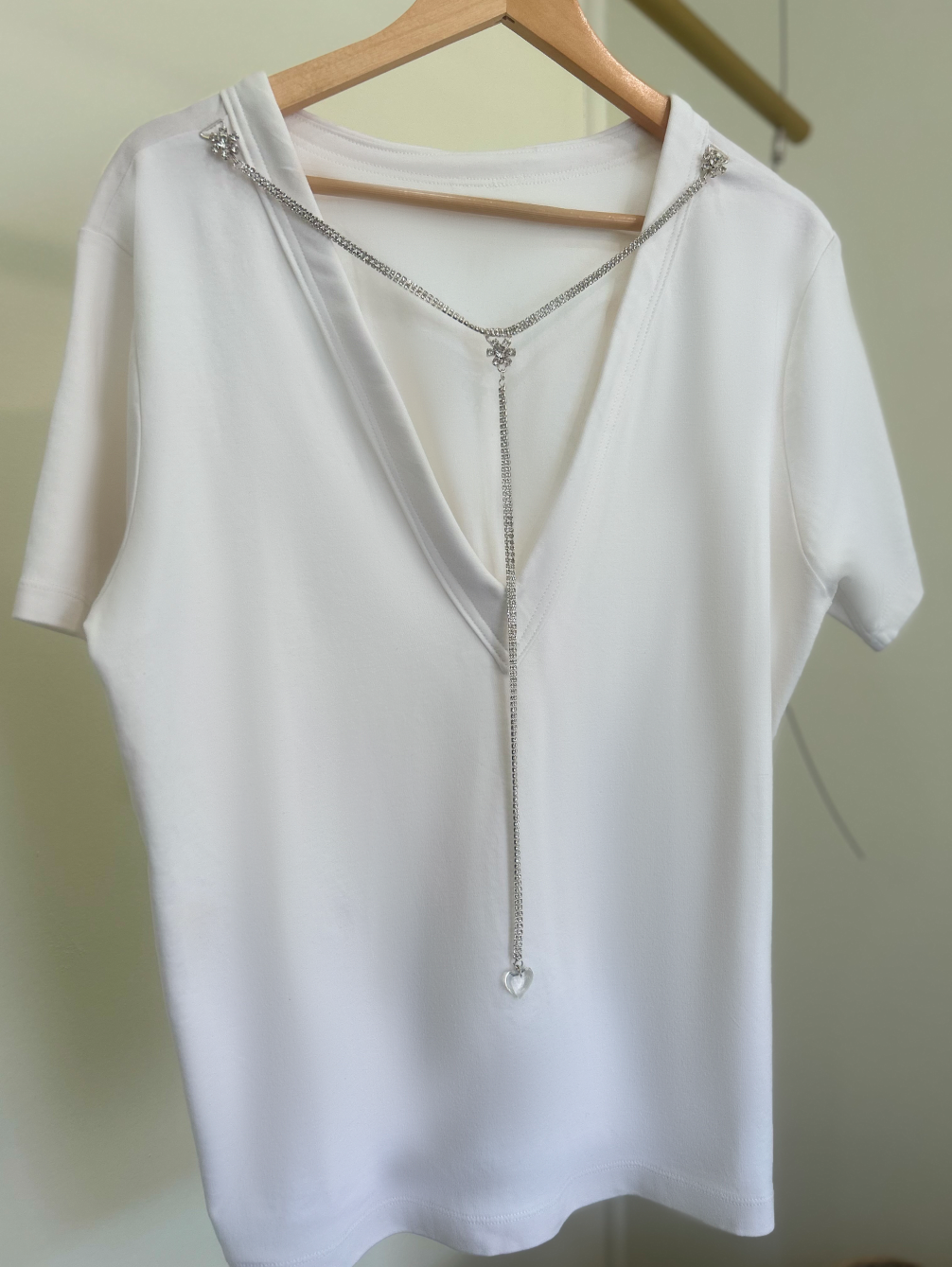 White deep V-neck oversized cotton T-shirt