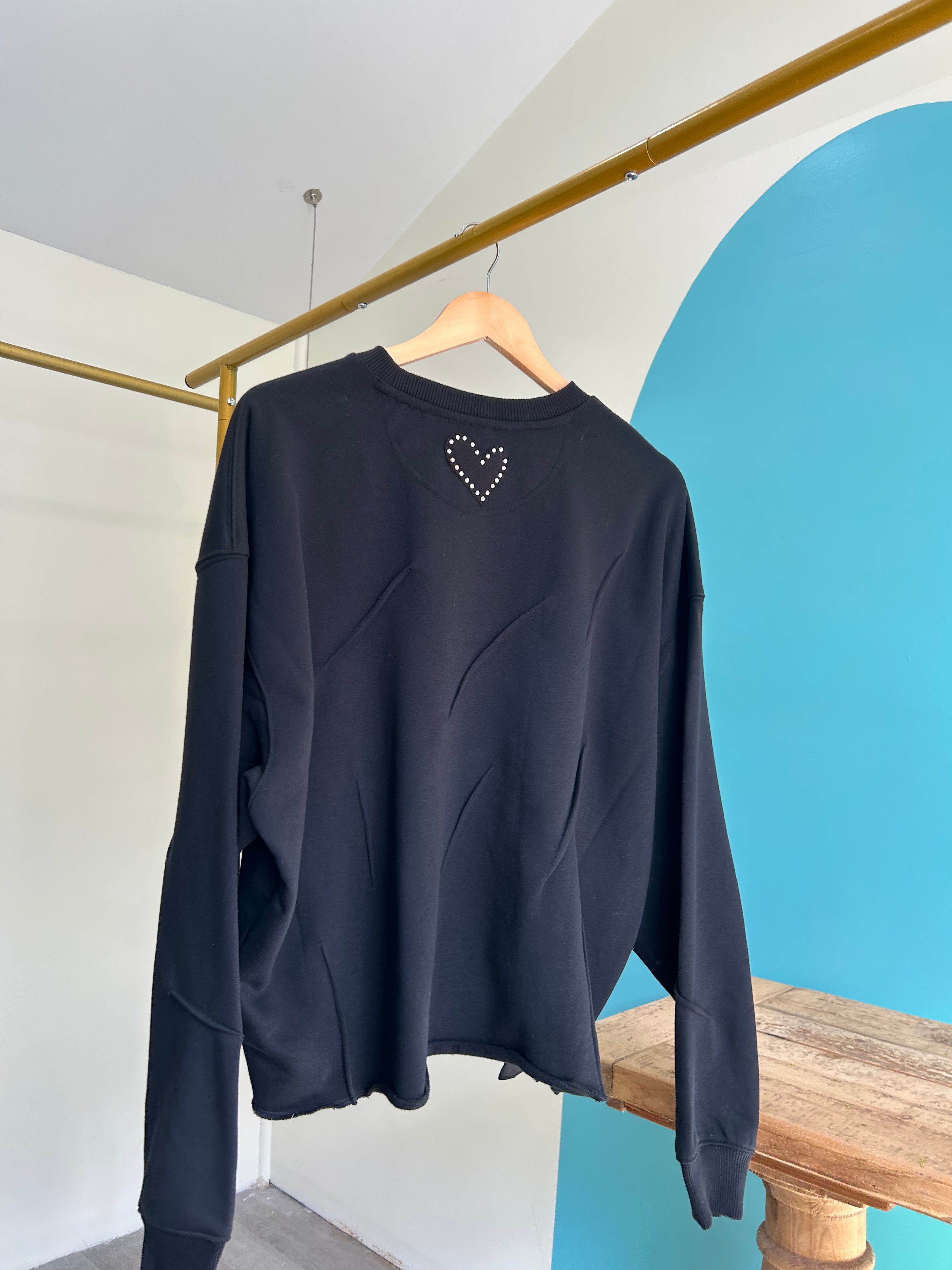 Black Cutoff rhinestone heart sweater