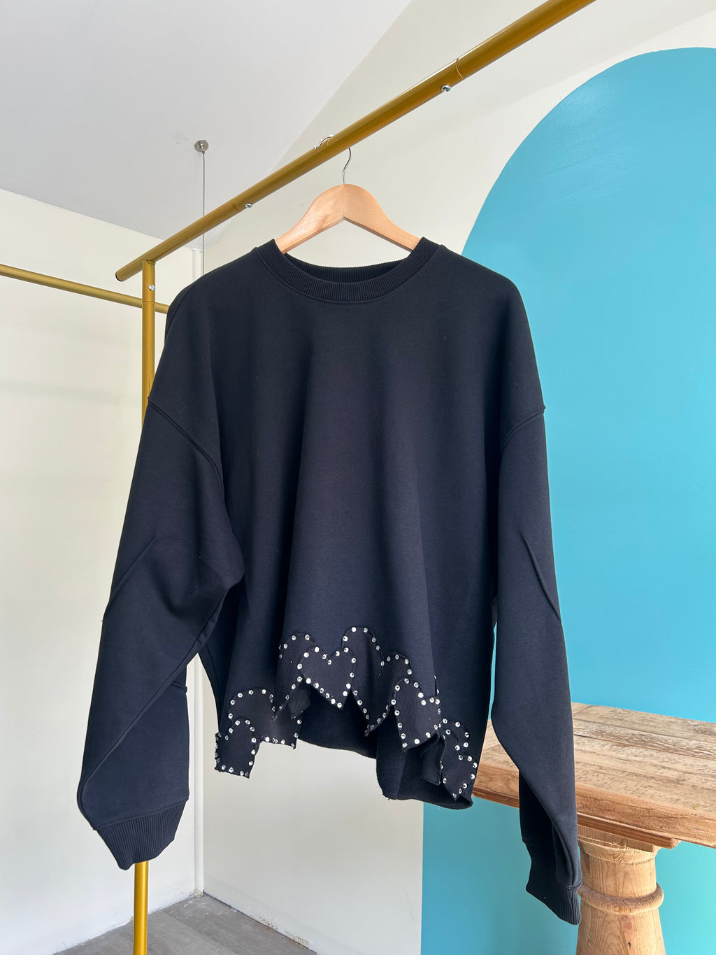 Black Cutoff rhinestone heart sweater
