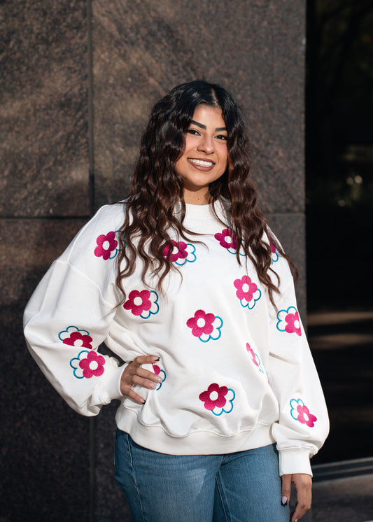 Embroidered Flowers Sweater (Pink/Blue)